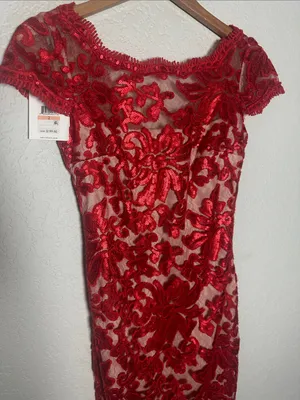 NEW Calvin Klein Red Embroidered Lace Sequin Cocktail Dress Evening Holiday Fall thumbnail 2