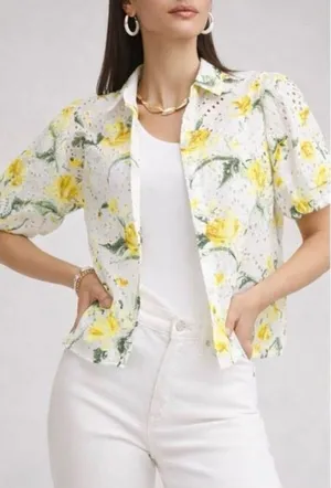 Chico’s Floral Eyelet Button-Front Puff Sleeve Blouse White Yellow Size 1 (US 8) thumbnail 1