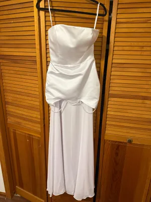 Bridal White Satin Strapless Dress with Shear Chiffon Underlay and Scarf with Pearl Beading thumbnail 8