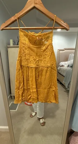 Alya Mustard Yellow Embroidered Lace Halter Strap Mini Dress Size XS thumbnail 1
