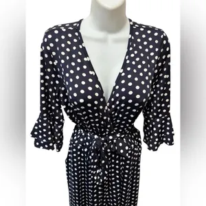 Venus Wide Leg Belted Jumpsuit Sz L Navy White Polka Dot Wrap Bust SS Cropped thumbnail 4