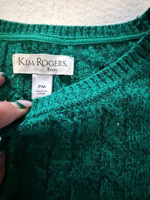 Kim Rogers Petite Emerald Green Cable Knit Crewneck Sweater Size PM thumbnail 3