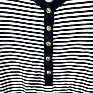 LAUREN RALPH LAUREN Black White Striped Long V-Neck Button Accent Top Large thumbnail 5
