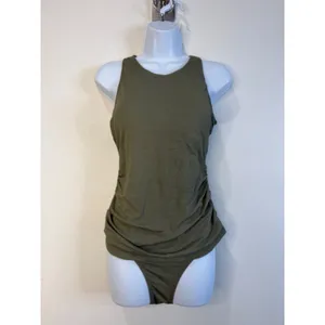 Cupshe Olive Green Ribbed Tankini Set High Neck Mesh Cutout Back Size M thumbnail 3