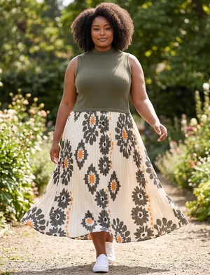 Skies Are Blue Curvy Floral Pleated Mixed Media Maxi Dress 1X Olive New with Tag thumbnail 1