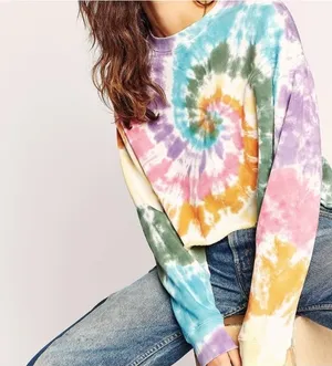 Daydreamer Rainbow Swirl Sweatshirt M Tie Dye Cotton Crop Raw Hem Festival Boho thumbnail 1