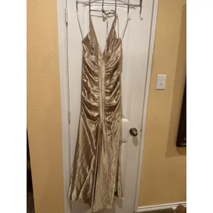 Jessica McClintock Gold Halter Evening Gown Dress Size 8 Ruched Wedding thumbnail 5