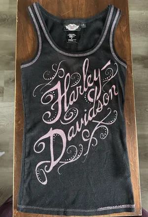 Harley Davidson Womens Small Black Ribbed Tank Top Pink Graphic Rhinestones Y2K thumbnail 1