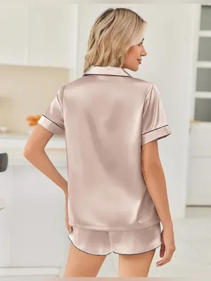 Ekouaer Satin Button Down Pajama Set Contrast Piping Champagne L thumbnail 6