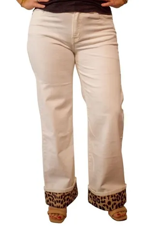 Q2 Premium Denim Womens Sz XS Wide Leg Pants Leopard Print Trim Cream Light Pink thumbnail 1