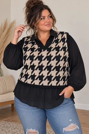 Bellini Houndstooth Mixed Media Layered Sweater Vest Blouse Top Black Tan XL thumbnail 1