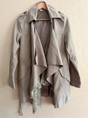 Light Green Draped Trench Coat with Lace Trim thumbnail 1