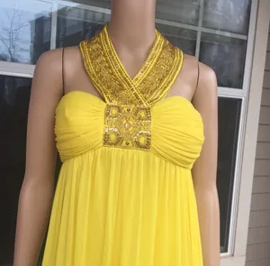 Dusk Collection by shella yen Yellow Beaded Halter Empire-Waist Maxi Dress thumbnail 4