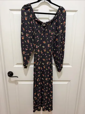 Billabong Black Floral Tie-Front Long Sleeve Boho Peasant Style Midi Dress XS thumbnail 4