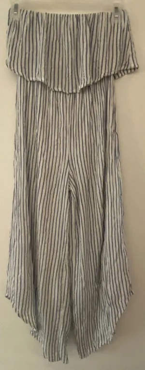 Japna Blue White Striped Tube Top Strapless Capri Pantsuit Women's Sz XS thumbnail 1