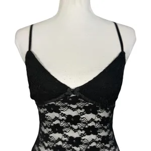 Black Lace Cami Womens XS Floral Sheer Mesh Bow V-Neck Adjustable Y2K Goth Top thumbnail 9