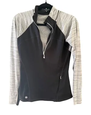 Athleta Womens‎ Black Grey Space Dye Quarter Zip Pullover Side Pocket Size S thumbnail 1