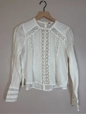 Free People Without You Lace Crochet Panel Ivory Peasant Blouse XS $148 thumbnail 5