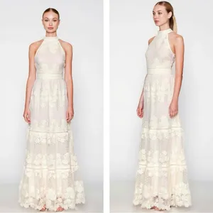 Champagne & Strawberry Tiered Maxi Dress With Crochet Trim & Floral Appliqué thumbnail 2