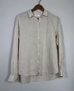 Uniqlo Women’s M Beige White Striped Linen Blend Button Down Shirt thumbnail 1