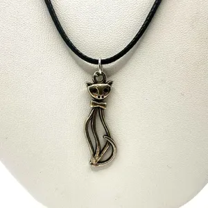 Silver tone cat pendant necklace on black cord thumbnail 5