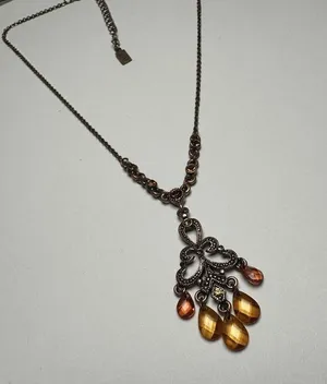 1928 Collection Rhinestone Pendant Copper Tone Necklace Orange / Amber Shades thumbnail 3