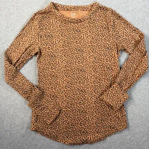 GAP Women's Small Feather T Leopard Print Long Sleeve T-Shirt Crew Neck Brown thumbnail 1