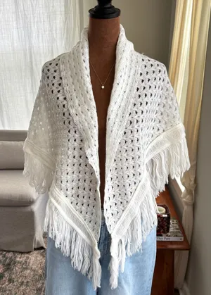 Mid Century Vintage 70s Specialty House Fashion White Crochet Shawl Open Weave thumbnail 1