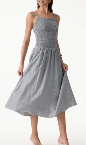 OGL Move Stripe Square Neck Smocked Midi Bra Dress Gray White Size L NWOT thumbnail 1