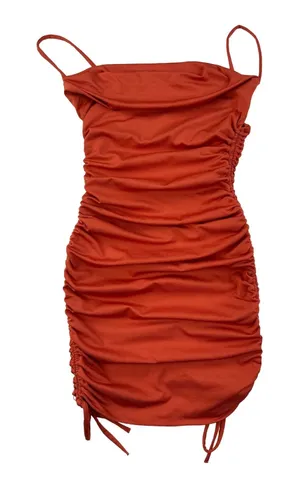 Oh Polly - Ain't So Basic Ruched Bodycon Mini Dress in Orange thumbnail 1