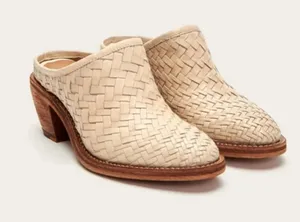 Frye Rosalia Woven Leather Mules Clogs‎ Off White Block Heel 7.5B thumbnail 1
