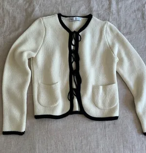 Zara Cream Tie Front Knit Cardigan Contrast Trim Large thumbnail 1