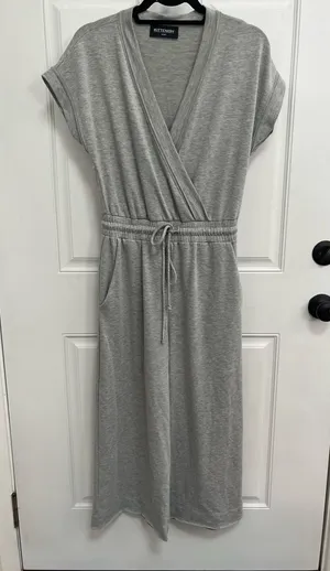 Kittenish gray jumpsuit sweats comfy wrap front drawstring‎ wide leg small thumbnail 1