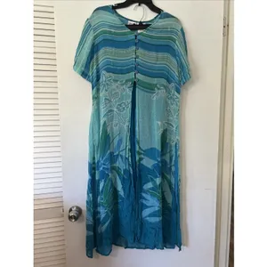 Phool Womens Blue Green Floral Stripe Sheer Tunic & Wide Leg Pant Set Rayon LG‎ thumbnail 2