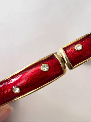 Vintage Red Enamel Hinge Bangle Bracelet Gold Tone Rhinestone Accent thumbnail 6