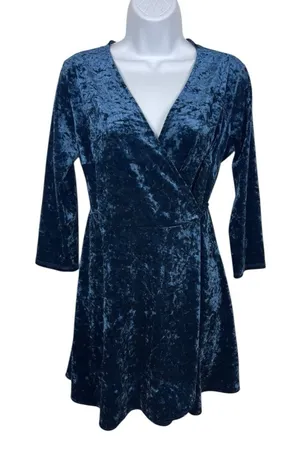 Lulus Women’s Blue Crushed Velvet Wrap Dress Size L Fit & Flare Holiday Party thumbnail 1