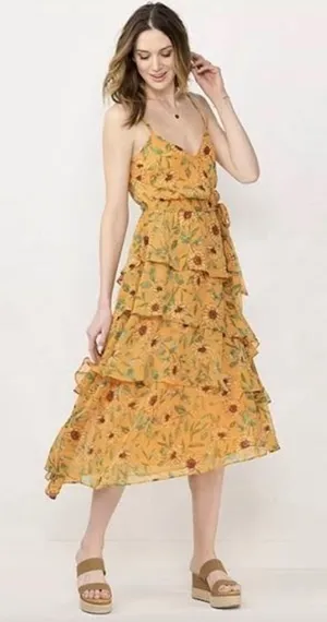 LC Lauren Conrad Sunflower Midi Dress Womens Medium Yellow Boho Tiered Ruffle thumbnail 1