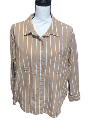 Maurices Striped Button-Up Shirt in Camel & White Long Sleeve thumbnail 1