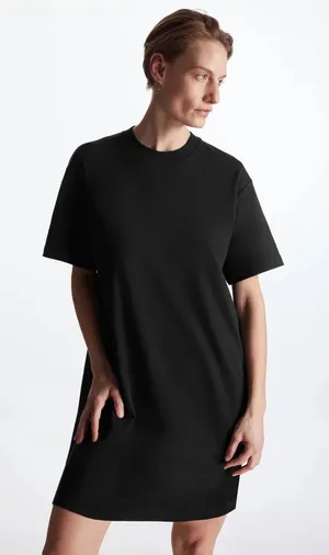 COS Black 100% Cotton Short Sleeve Plain Mock Neck Mini T Shirt Dress Size XS thumbnail 1