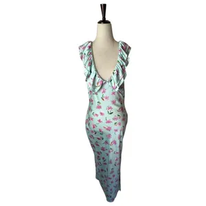 Zara Dress Women Medium Blue Pink Floral Satin Ruffle Trim Midi Slip‎ Dress Boho thumbnail 3