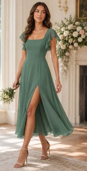 Azazie Bondi A-Line Ruched Chiffon Dress – Eucalyptus – Size 8 (Average) – NWT thumbnail 1