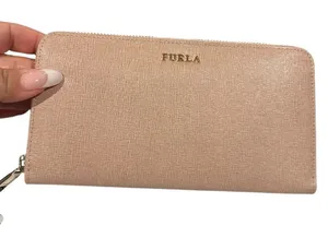 Furla Babylon Moonstone Tan pink leather and viscose zippered wallet. thumbnail 1