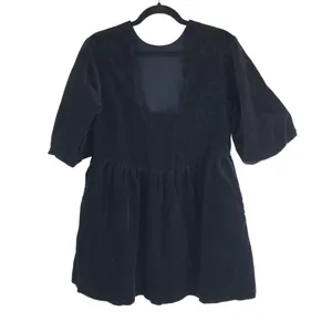 Everlane The Tiered Corduroy Dress Cotton Stretch Puff Sleeve Black Size M thumbnail 2