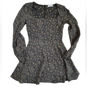 Flynn Skye Brown Floral Mini Dress Square Neck Long Sleeve Boho Whimsigoth NWT S thumbnail 2