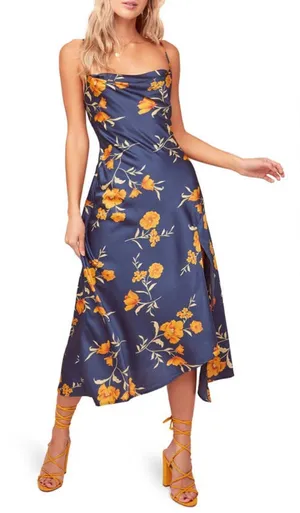 NWOT ASTR Gaia Strappy Bias Cut Satin Midi Floral Slip Dress Print XS thumbnail 1