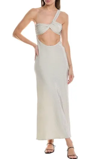 NWT WeWoreWhat Ruched Asymmetrical Knit Maxi Dress Off White Metallic Size M thumbnail 1