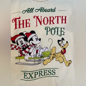 Disney Size M Cream Crew Neck North Pole Express Mickey Minnie Pluto Tee Shirt thumbnail 4