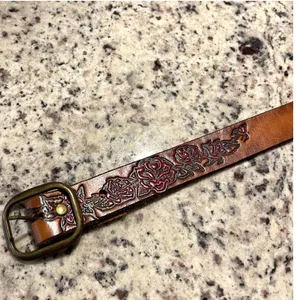 BeltStop‎ Tooled Leather Rose Belt Women 34/36 Tan Western Boho Floral Handcraft thumbnail 4
