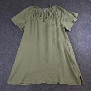Old Navy Womens Olive Green Cotton Gauze Ruffle Neck Shift Dress Large Short Slv thumbnail 1