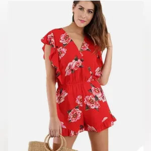 Umgee Floral Romper Red Ruffle Sleeve Surplice Boho Summer‎ Womens Large thumbnail 4